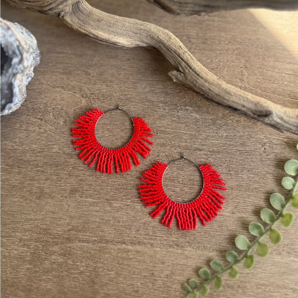 Handmade Red Fringe Statement Earrings Boho Lightweight Earrings